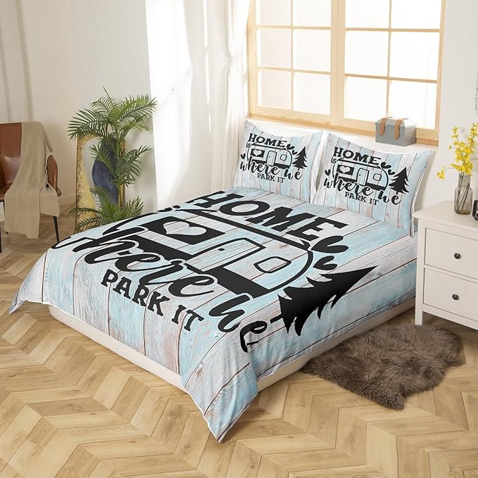 Farmhouse Rustic Camping Comforter Cover,Funny Home Where We Park It Duvet Cover for Girls Teens Decorative Bedroom,Explore Camper Gifts RV Life Polyester Quilt Cover with 2 Pillowcases, Full Size