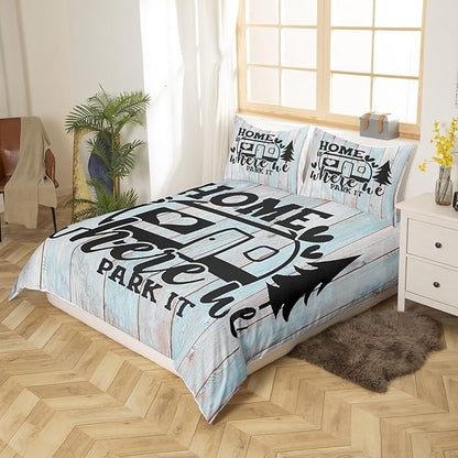 Farmhouse Rustic Camping Duvet Cover Queen for Children,Funny Home Where We Park It Bedding Set Room Decor Gift Comforter Cover,Explore Camper Gifts RV Life Quilt Cover with 2 Pillowcases, 3pcs Soft