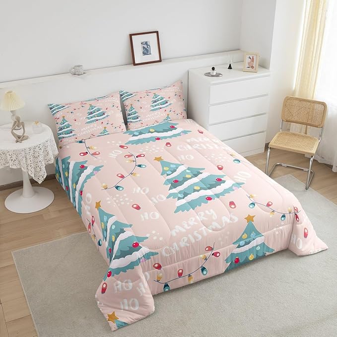 Erosebridal Christmas Tree Comforter Set for Kids Teens Adult,Xmas Bedding Full,Happy New Year Comforter Sets,Winter Festivals Duvet Insert with 2 Pillow Shams, Pink