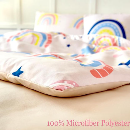 ANGIYUIN 6-Piece Beige Rainbow Girls Comforter Set - Twin Cartoon Love Hearts & Stars Bedding Set for Girls - Soft, Lightweight Kid Bed in a Bag with Comforter, Sheets, Pillowcases
