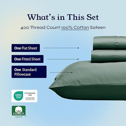California Design Den Twin XL Sheet Sets - 400 Thread Count Sateen, 100% Cotton Sheets Set, Deep Pockets, and Durable Bedding for Dorm Rooms & Adults - Hunter Green