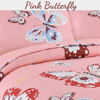 Cozy Line Home Fashions Pink Microfiber Reversible Girls Coverlet Bedspread Quilt Set, Bedspread, Coverlet (Butterflies, Twin - 2 Pieces)