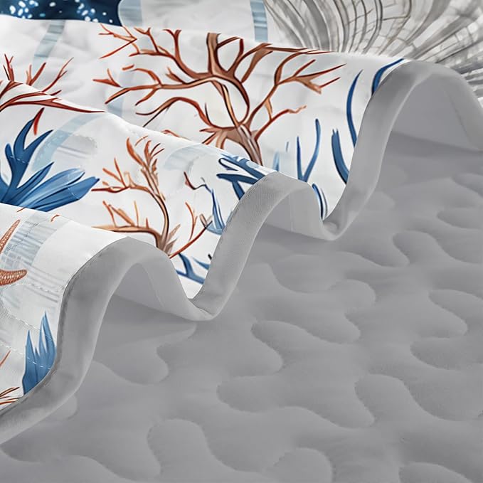 QOOMO Coastal Quilt Set King Size,Starfish Coral Nautical Bedspread Coverlet Set,Ocean 3Pcs Bedding Set Printed Quilt with 2 Pillowcases,Soft and Lightweight,for All Seasons