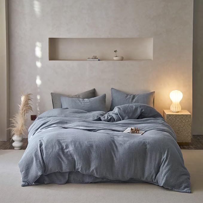 BuLuTu Gray Blue Muslin Cotton Duvet Cover Full Gauze Quilt Cover with Pillow Cases for All Seasons Minimalist Comforter Cover Set, Soft Comfort Bedding, Machine Washable
