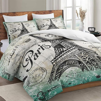 Full Size Comforter Set with 2 Pillowcase, Vintage Eiffel Tower Soft 3 Pcs Bedding for Kids and Adults, Paris Summer Comforter Set for Room Bedroom Bed Decor