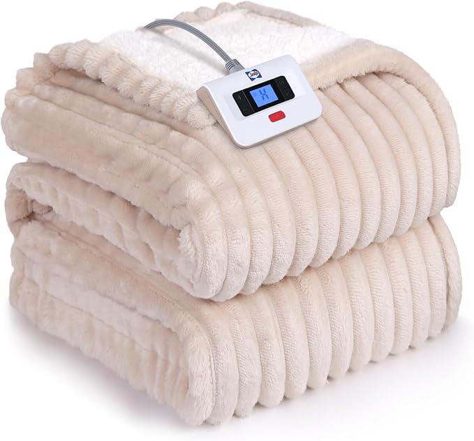 Sealy Electric Blanket Full Size, Soft Ribbed Flannel to Sherpa Reversible Heated Blanket with 10 Heat Settings & 1-12 Hours Auto-Off Overheat Protection, Machine Washable, 72"x84" Beige