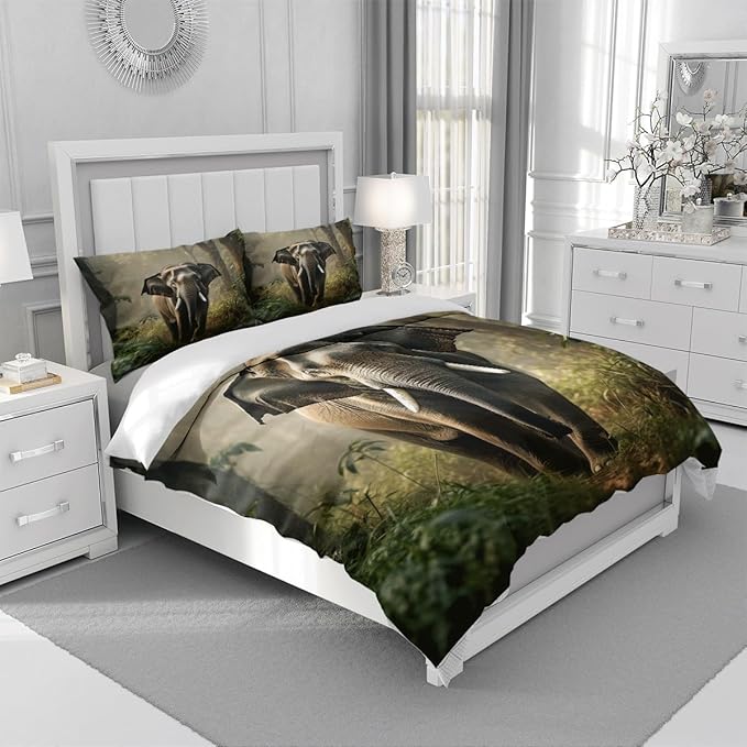 Elephant Duvet Cover Set Full Wildlife Elephant Forest Plants Trees Natural Scenery Print Bedding Set Soft Microfiber Quilt Set with 2 Pillowcases for Kids Teens