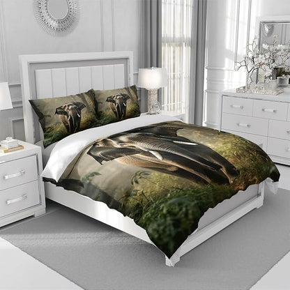 Elephant Duvet Cover Set Twin Wildlife Elephant Forest Plants Trees Natural Scenery Print Bedding Set Soft Microfiber Quilt Set with 2 Pillowcases for Kids Teens