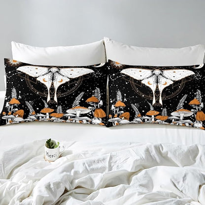 Castle Fairy Moth Plant Comforter Cover Full Size,Orange Mushroom Duvet Cover with 2 Pillowcases,3 Piece,Stars Sun Moon Polyester Bedding Set for Boys Teens Bedroom Decor
