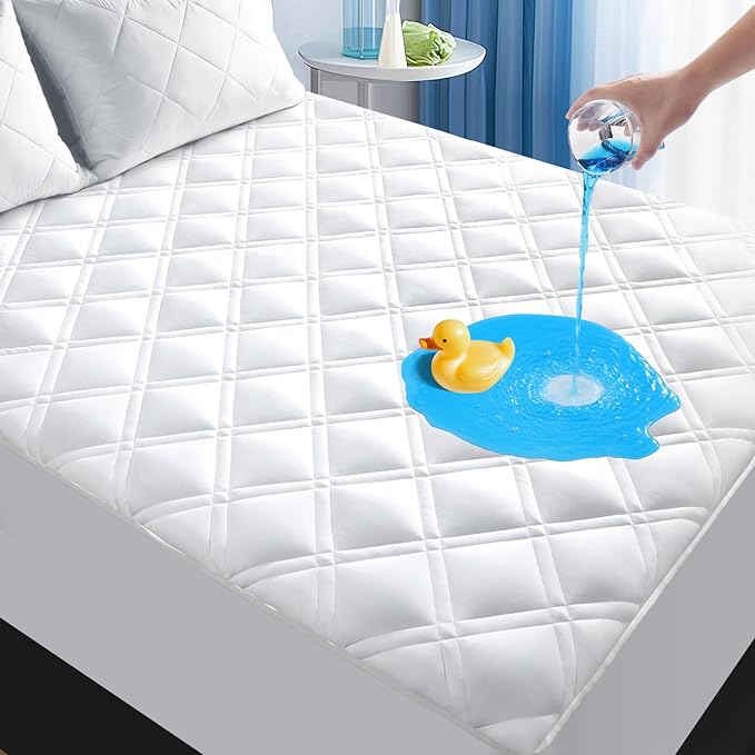 Padded Twin Mattress Protector, Breathable Waterproof Mattress Pad Cover Fitted Deep Pocket 8"-21", Soft Noiseless Mattress Cover Washable Cooling for Home Dorm Bedroom, White