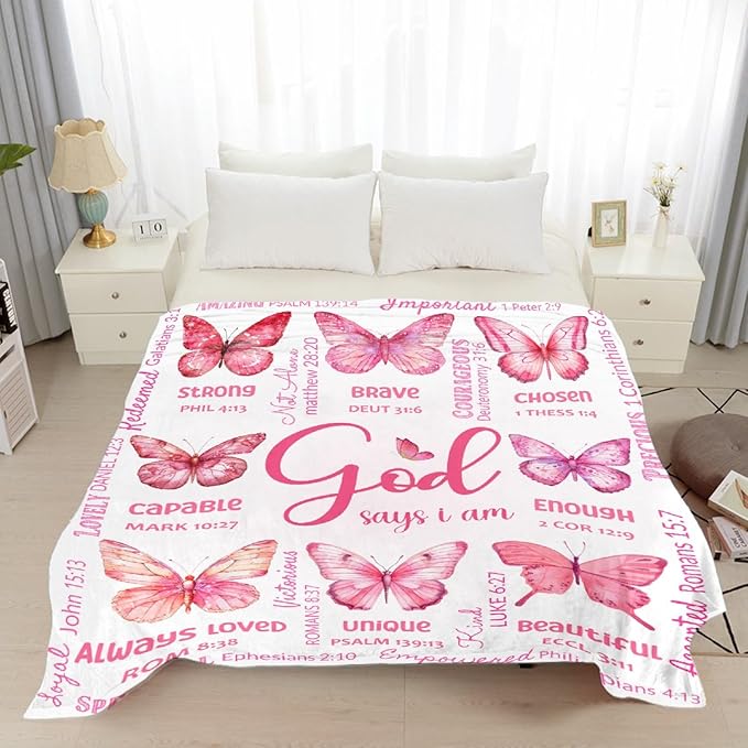 Butterfly Bible Verse Blanket, Inspirational Scripture Religious Gifts for Christian, Warm Soft Flannel Bible Throw for Bed Sofa Decoration 50"x60" for Teen