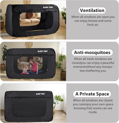 Pop Up Bed Tent 93% Blackout Large Space Portable Indoor Breathable Canopy,Twin Size 2 Doors Sleeping Privacy Tent for Kids and Adult Big Sleeping Cottage
