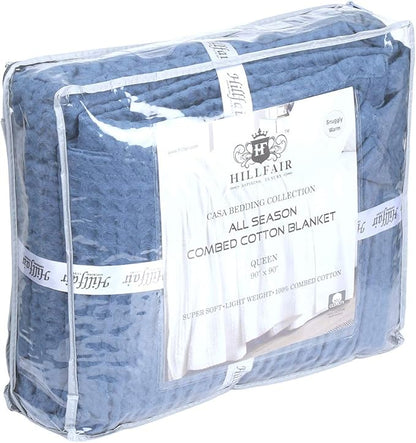 HILLFAIR 100% Combed Cotton Blanket– King Size Bed Blankets– Warm Soft All Season Breathable Lightweight Summer Blankets– Waffle Weave Home Decor Bed Blanket- Blue King Bed Cotton Blankets/Bedcovers