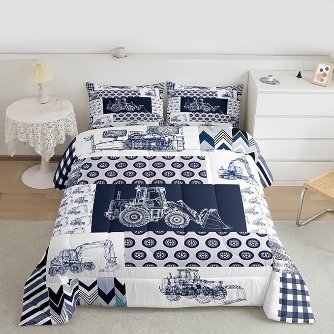 Feelyou Kids Construction Comforter Set Full Size Equipment Trucks Bedding Set for Boys Cartoon Car Excavator Tractor Comforter Construction Vehicles Plaid Grid Blue and White Duvet Set