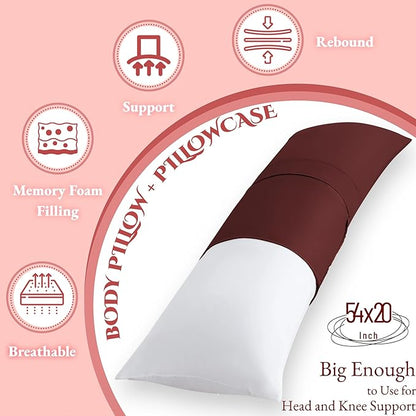 Ubauba Memory Foam Body Pillow with Cover, Full Large Body Pillows Insert for Adults with Envelope Closure Pillowcase, Firm & Fluffy Long Bed Pillows for Sleeping (20x54 inch, Red)