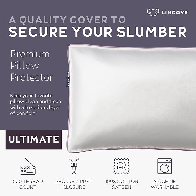Lincove 100% Cotton Sateen Nap Pillow Protector - Zipper Closure - 500 Thread Count Luxury Cotton - Zippered Dust Pillow Protector Bed Pillow Case, Hypoallergenic, 13”x18”