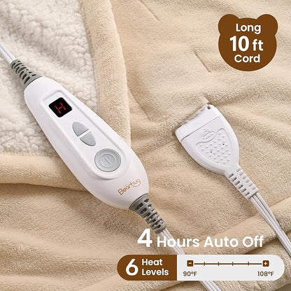 Bearhug Electric Throw Blanket 50" x 60", Reversible Velvet & Sherpa Heated Throw Beige, 6 Heating Levels & 4H Auto Off, Over-Heat Protect, ETL Certification, Machine Washable