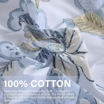Blue Floral Duvet Cover Queen Size 100% Cotton Botanical Coquette Comforter Cover 3 Pieces Soft & Breathable French Style Duvet Cover with Zipper Closure