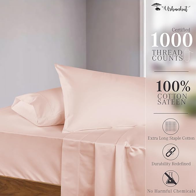 URBANHUT 1000 Thread Count Egyptian Cotton California King Sheet Set, Hotel-Style Luxury Bedsheets, Fits up to 16" Deep Pocket Mattress, 4 Pc Soft & Breathable, Sateen Weave - Blush Pink