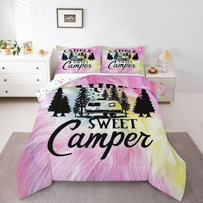 Feelyou Camper Comforter Set Kids Farmhouse Happy Camping Bedding Set Queen Women Men Pink Cow Fur Print Decor Comforter Soft Rustic Camper Van Quilt Boys