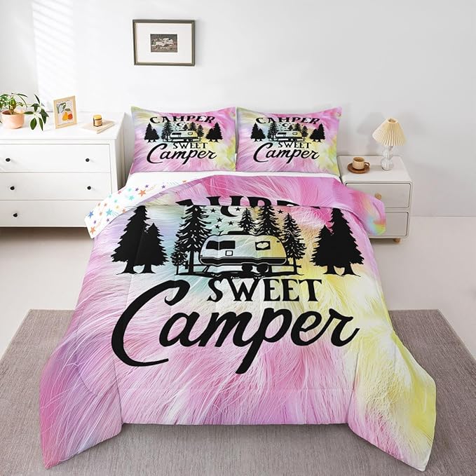 Feelyou Camper Comforter Set Kids Farmhouse Happy Camping Bedding Set Full Women Men Pink Cow Fur Print Decor Comforter Soft Rustic Camper Van Quilt Boys