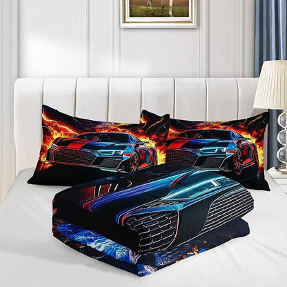 Colorful Racing Car Black Cheetah Comforter 3Pcs Full Cool Speed Sport Car Thunder Fire Bedding Set for Kid Teen Girl Boy Adult Extreme Games Quilt Bed Decor with 1 Comforter and 2 Pillowcases
