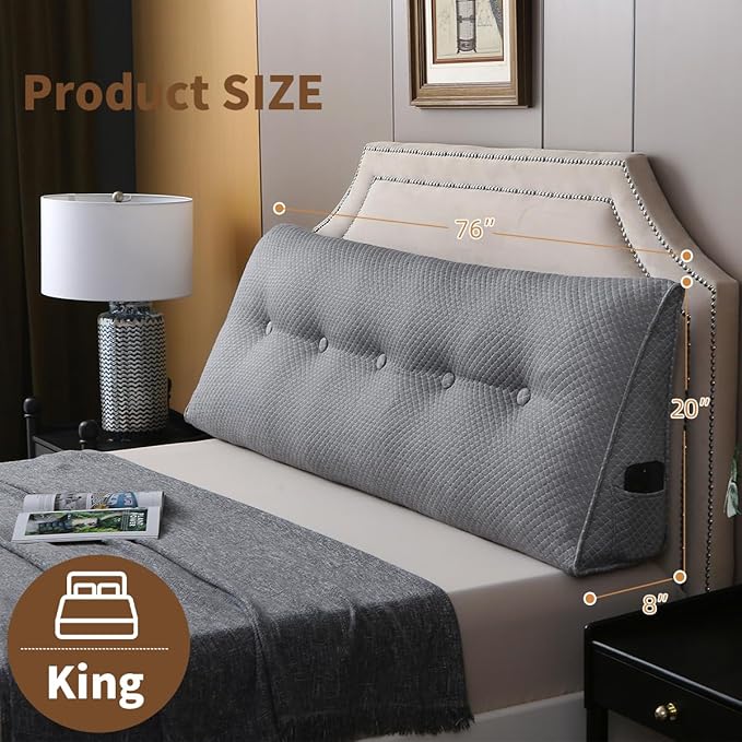 Wedge Headboard Pillow for Bed, King Dorm Headboard Pillow Support for Sitting Up, Reading, Relaxing, Bolster Pillow with Removable Washable Cover, Gray