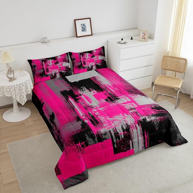 Feelyou Hot Pink Grey Black Abstract Duvet Quilt Toddler Size Geometric Bedding Set for Kids Boys Girls Decor Modern Comforter Set Breathable Soft Microfiber Buffalo Check Bedroom Decor Bedclothes
