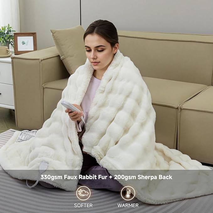 Heated Blanket Electric Throw- 50"x60" Soft Thick Faux Fur Electric Blanket for Sofa with 5 Heat Levels & 4 Hours Auto-Off Overheat Protection, Warm Cozy Gifts, Cream