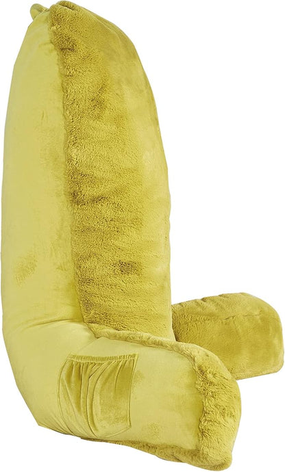 Faux Fur Assembly Need DIY Extra Large Backrest Reading Bed Rest Pillow with Arms and Pockets for Sitting in Bed Couch Sofa, Removable Cover & Filling Seprated, 28" x 30" x17", Mustard Yellow
