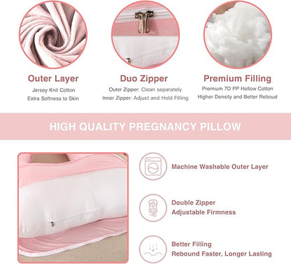 ALLOPERA Pregnancy Pillow, Full Body Maternity Pillow 57 inch, with Removable Washable Cover - Sleep Support for Legs, Back, Neck, Shoulder, HIPS, Belly for Pregnent Women, Jersey Knit Cotton (Pink)