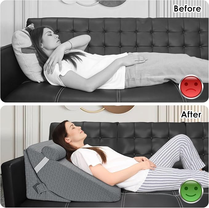 Bed Wedge Pillow for Sleeping, 3PCS Wedge Pillow Set for After Surgery, Adjustable 7 &12 inch Pillow Wedges for Acid Reflux Relief, Back Pain Relief, Sleep Apnea, Sitting Up, Headboard (Grey)