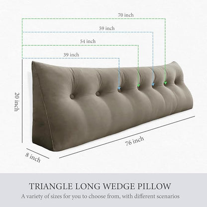Headboard Pillow - 3 in 1 Large Bed Pillow as Wedge Reading Pillow, Large Couch Daybed Pillow or Positioning Support Backrest Back Cushion for Sitting in Bed Velvet Queen Beige-Gray