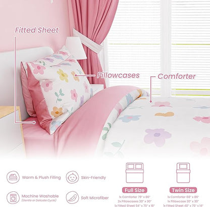 SANDJEST Floral Comforter Set Twin Size 68x86in for Kids Girls, Microfiber 3 Pcs Bedding Set Includes 1 Comforter, 1 Pillowcase, 1 Fitted Sheet, Nursery Room Decor
