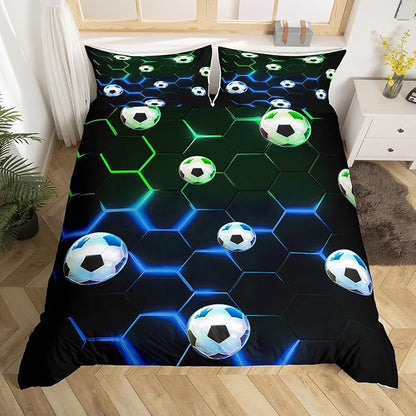 Castle Fairy Sports Football Duvet Cover Set Twin Size,Green and Blue Honeycomb Hexagon Comforter Cover for Kids Boys,Geometric Theme Bedding Set with 1 Pillowcase Soft Polyester Bedspread