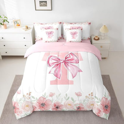 Erosebridal Flower Monogram T Bedding Sets Queen, Kawaii Pink Bow Tie Bowknot Bed in A Bag for Teens, Dreamy Princess Style Bed Set Bedroom Decor Spring Light Pink White Comforter Set with Sheets