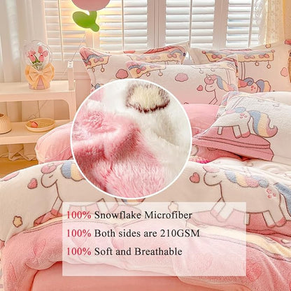Carousel Kids Duvet Cover Set Queen Pink Kawaii Bedding Set Snowflake Fluffy Comforter Cover Blanket Soft Reversible Duvet Cover Room Decor for Girls Women Boys(Carousel,Queen)