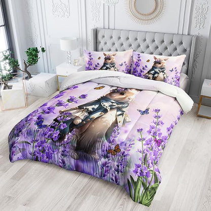 Lavender Rabbit Comforter Full Kids Rabbit Bedding Set Cute Bunny Quilt Bed Set Bedroom Decor Includes 1 Comforter, 2 Pillowcases for Girls Boys Teens