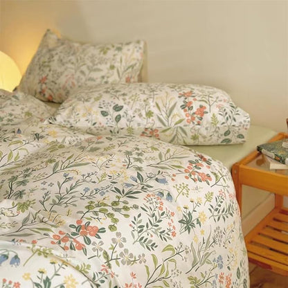 Floral Duvet Cover Full Size Boho Aesthetic Green Botanical Bedding Set with Colorful Flower Print Pattern 3 Pcs Soft Microfiber Comforter Cover with Zipper Ties Garden Style