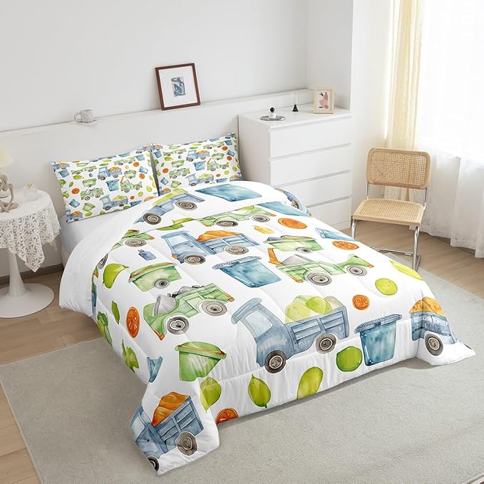 Garbage Truck Bedding Trash Truck Comforter Set Green Garbage Cool Design Bedding Sets All Season Gift for Kids Boys Girls Child, Cartoon Waste Management Vehicle Duvet Set King with 2 Pillowcases