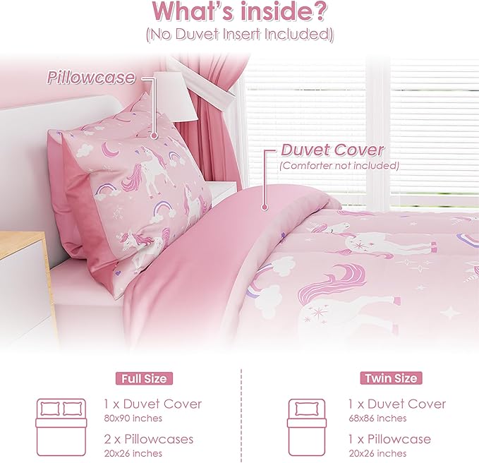 SANDJEST Unicorn Duvet Cover Sets Full Size for Kids Girls, Incude 1 Polyester Comforter Cover 80x90 Inches and 2 Pillowcases 20x26 Inches, Comforter Not Included, Gift for Christmas Birthday