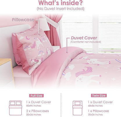 SANDJEST Unicorn Duvet Cover Sets Full Size for Kids Girls, Incude 1 Polyester Comforter Cover 80x90 Inches and 2 Pillowcases 20x26 Inches, Comforter Not Included, Gift for Christmas Birthday