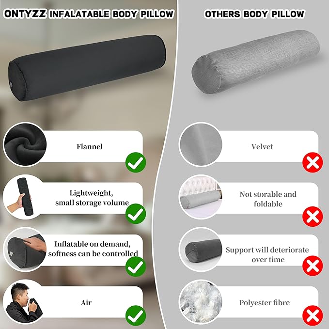 ONTYZZ Inflatable Long Body Pillow, Long Pillow for Bed, Oval Bolster Pillow for Good Sleeping and Back/Neck Support, 1pcs Black