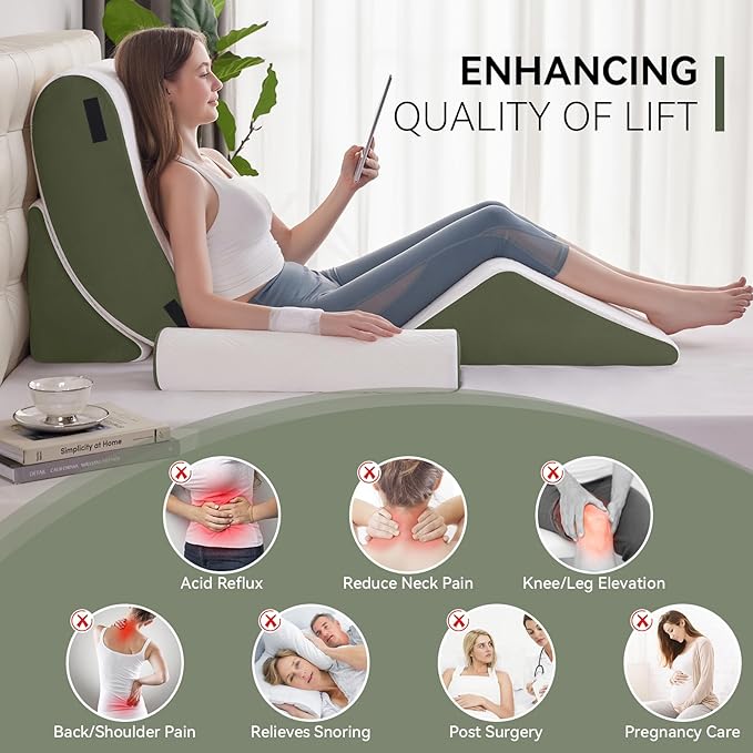 Wedge Pillow Set for After Surgery, 4 PCS Bed Wedge Pillow for Sleeping, Memory Foam Orthopedic Back Pillow for Pain Relief and Acid Reflux, Adjustable Post Surgery Pillow Green
