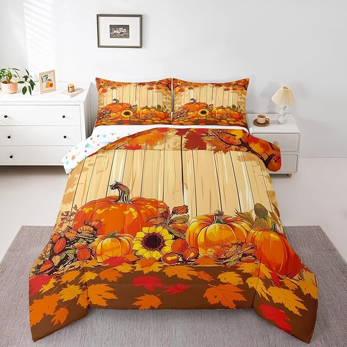 Feelyou Fall Pumpkin Bedding Set Toddler Size Soft Thanksgiving Harvest Season Fruit Decor Comforter Set for Kids Boys Girls Decor Maple Leaf Comforter Microfiber Deep Orange Duvet Set