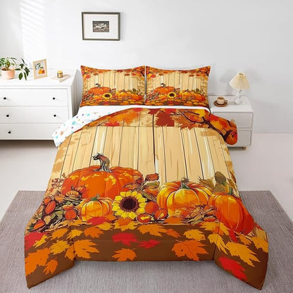 Feelyou Fall Pumpkin Bedding Set Full Size Thanksgiving Harvest Season Fruit Decor Comforter Set for Kids Boys Girls Decor Maple Leaf Comforter Microfiber Deep Orange Duvet Set