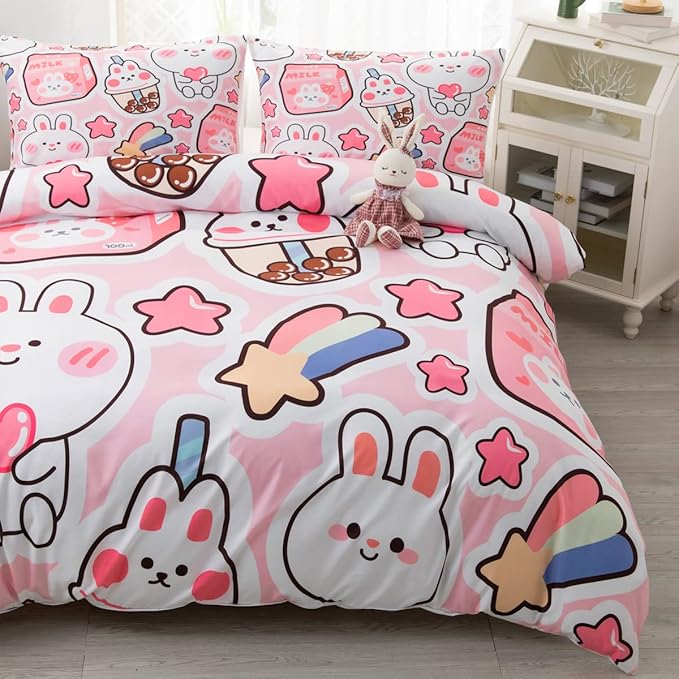 CVHOUSE Kawaii Bedding Set Twin Size,Cute Rabbit Bed for Girls Kids Teens,Pink Comforter Cover Soft,Kawaii Duvet Set,Girls Room Decor Quilt Twin 71'x87'