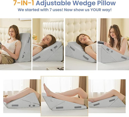 Sasttie Wedge Pillow for After Surgery, Adjustable Bed Wedge Pillow Headboard for Acid Reflux, Sleeping, Neck & Back Support, with Removable Cover, Light Grey