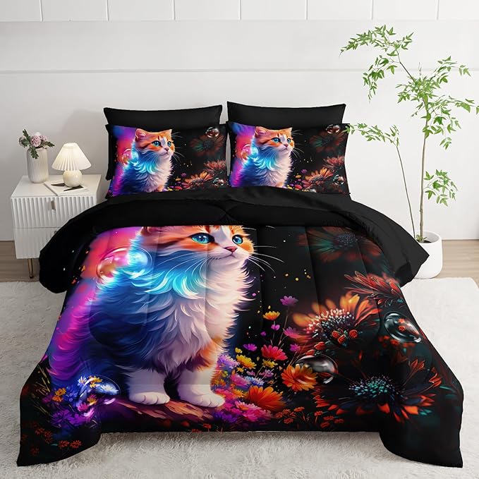 Cartoon Kawaii Cat Comforter 7Pcs 3D Animal Flower Toddler Bedding Set Cat Lovers Animal Bubble Quilt Bed Set for Kid Girl Boy Teen Adult Queen with 2 Sheets,2 Pillowcases,2 Throw Pillow Covers