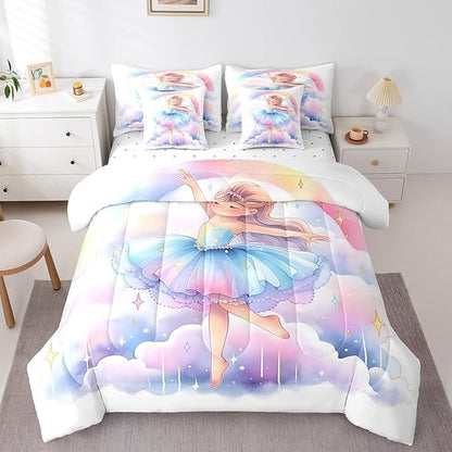 Feelyou Ballet Girls 7Piece Bedding Set King Size Cute Ballet Girls Comforter Set with Sheets for Kids Teens Toddler Dancing Girl Bed in a Bag Rainbow Bed Set
